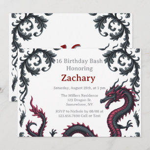 Whimsical Black Red Dragon Damask Sweet 16 Bash Invitation