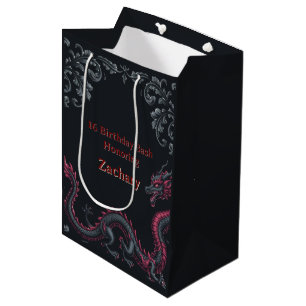 Whimsical Black Red Dragon Damask Sweet 16 Bash Medium Gift Bag