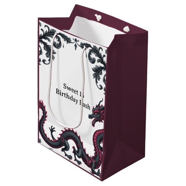 Whimsical Black Red Dragon Damask Sweet 16 Bash Medium Gift Bag (Front Angled)