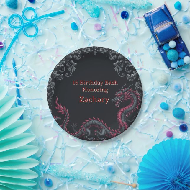 Whimsical Black Red Dragon Damask Sweet 16 Bash Paper Plate (Party)