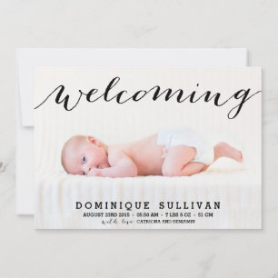Whimsical Black Script Photo Birth Announcement