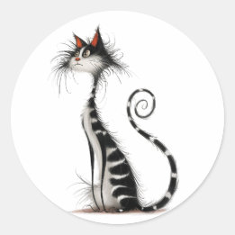 Whimsical Black Striped Cat Illustration Classic Round Sticker