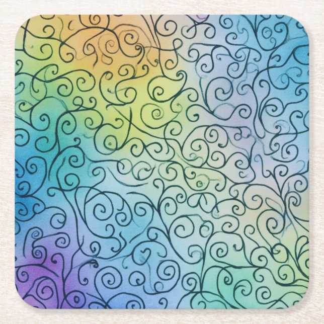 Whimsical black Swirl Pattern Abstract Colourful Square Paper Coaster (Front)
