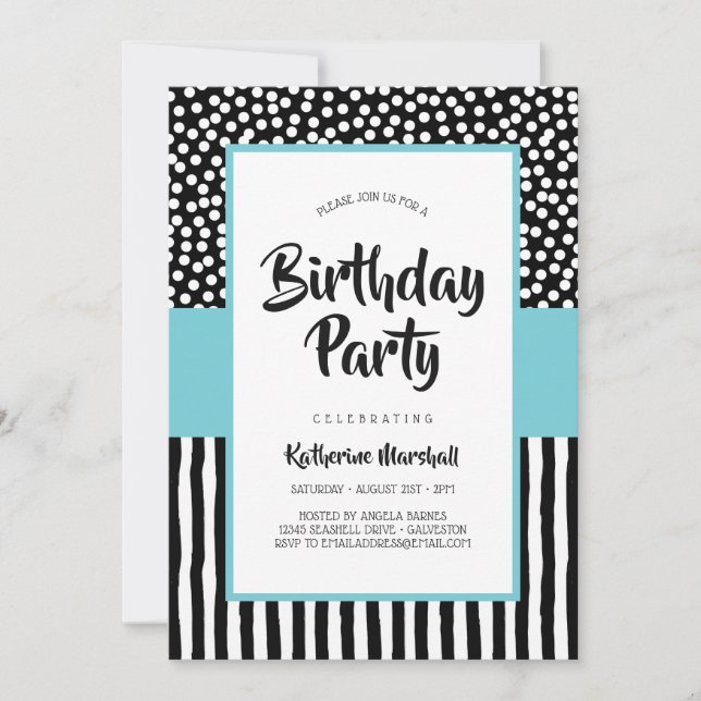 Whimsical Black White and Aqua Birthday Invitation (Front)