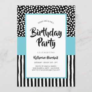 Whimsical Black White and Aqua Birthday Invitation
