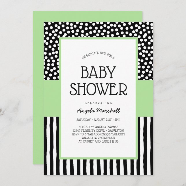 Whimsical Black White and Green Baby Shower Invitation (Front/Back)