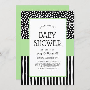 Whimsical Black White and Green Baby Shower Invitation