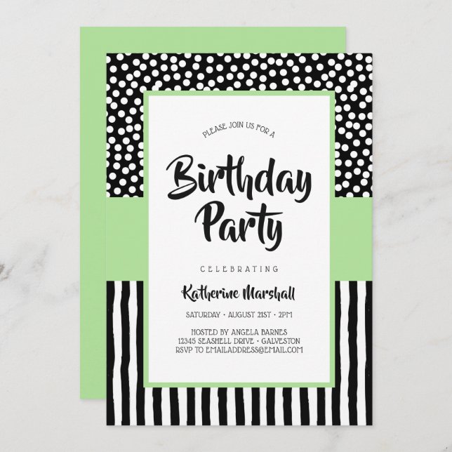 Whimsical Black White and Green Birthday Invitation (Front/Back)