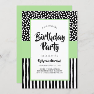 Whimsical Black White and Green Birthday Invitation