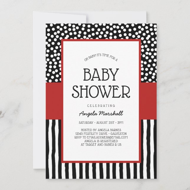 Whimsical Black White and Red Baby Shower Invitation (Front)