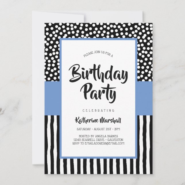 Whimsical Black White and Violet Birthday Invitation (Front)