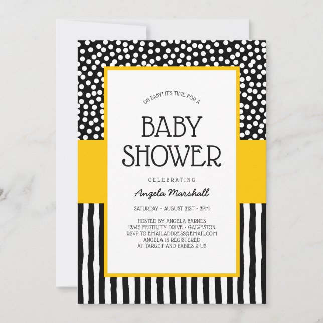 Whimsical Black White and Yellow Baby Shower Invitation (Front)
