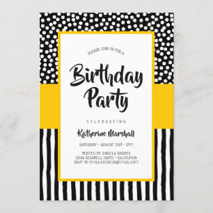 Whimsical Black White and Yellow Birthday Invitation