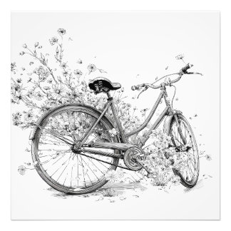 Whimsical Black White Bicycle Flower Drawing Photo Print