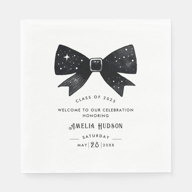Whimsical Black & White Bow Graduation Party Napkin (Front)
