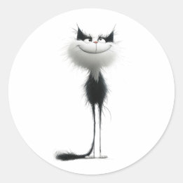 Whimsical Black White Grinning Cat Illustration Classic Round Sticker