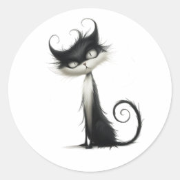 Whimsical Black White Mischievous Cat Illustration Classic Round Sticker