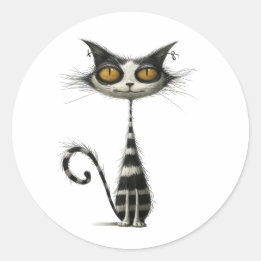 Whimsical Black White Striped Cat Illustration Classic Round Sticker