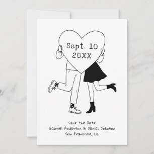 Whimsical Black & White Wedding. Hand Drawn Doodle Save The Date