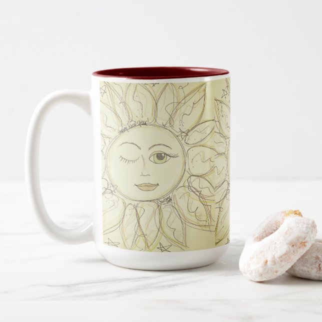 Whimsical blinking sun - coffee mug (With Donut)
