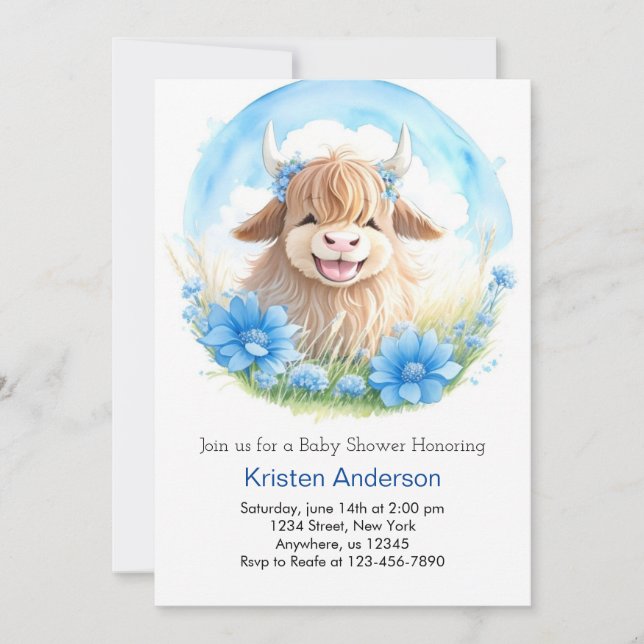 Whimsical Blissful Highland Cow Boy Baby Shower Invitation (Front)
