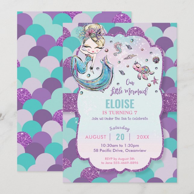 Whimsical Blonde Mermaid Birthday Party Purple Invitation (Front/Back)