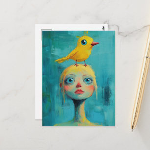 Whimsical Blonde Woman with yellow bird on her hea Postcard