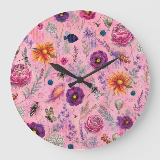 Whimsical Bloom Garden Large Clock (Front)