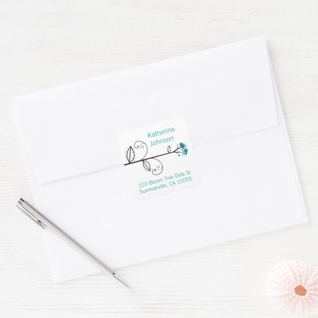 Whimsical Bloom Tree Blue Teal Dots Chic Address Square Sticker (Envelope)