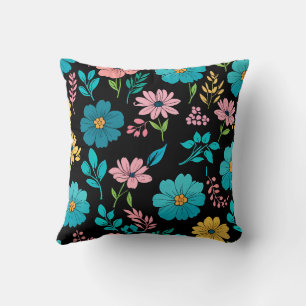 Whimsical Blossoms on Midnight Blackground Cushion