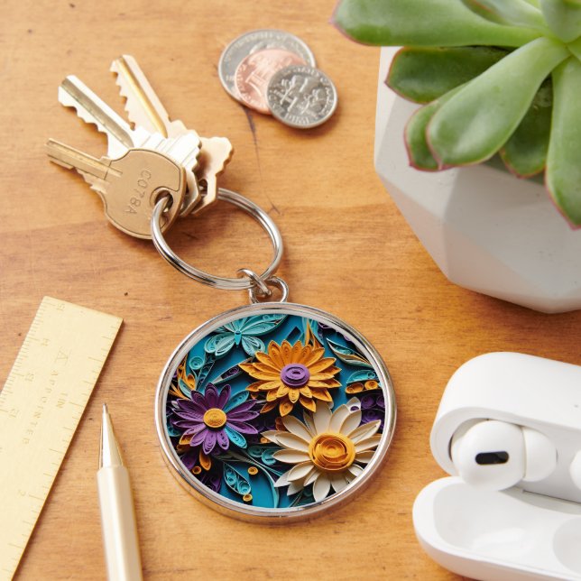Whimsical Blossoms: Quilled Floral Paper Art Key Ring (Desk)