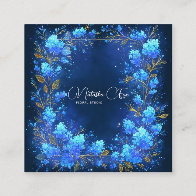 Whimsical Blue and Gold Floral Square Business Card (Front)