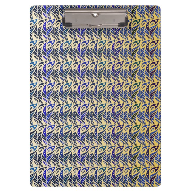 Whimsical blue and gold peacock feather pattern clipboard (Front)