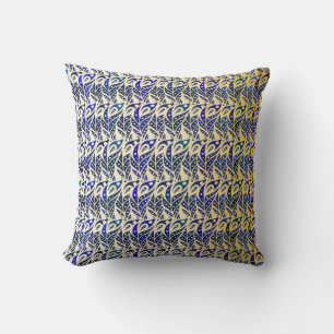 Whimsical blue and gold peacock feather pattern cushion