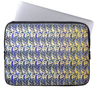 Whimsical blue and gold peacock feather pattern laptop sleeve