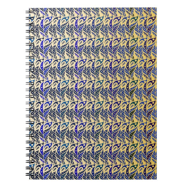 Whimsical blue and gold peacock feather pattern notebook (Front)