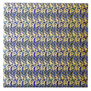 Whimsical blue and gold peacock feather pattern tile