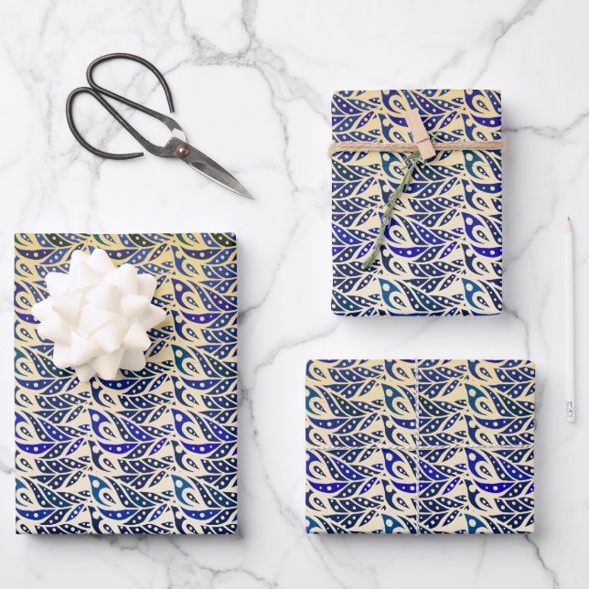 Whimsical blue and gold peacock feather pattern  wrapping paper sheet (Front)
