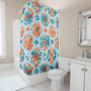 Whimsical Blue and Orange Blossoms: Artistic  Shower Curtain
