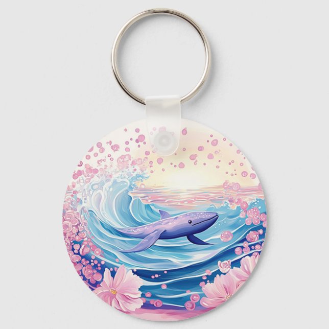 Whimsical Blue And Pink Whale Art Key Ring (Front)