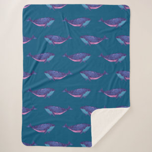 Whimsical Blue and Purple Whale Pattern Ocean Sherpa Blanket