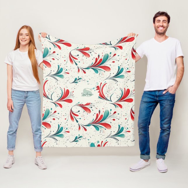 Whimsical Blue and Red Paisley Leaf Pattern (2) Fleece Blanket (In Situ)