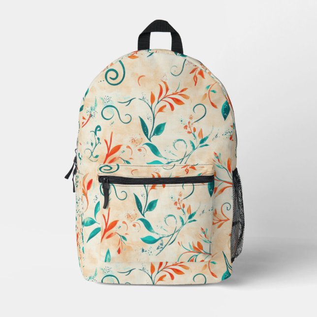 Whimsical Blue and Red Paisley Leaf Pattern (2) Printed Backpack (Front)