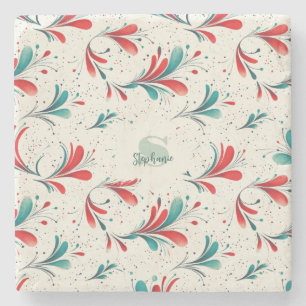 Whimsical Blue and Red Paisley Leaf Pattern (2) Stone Coaster