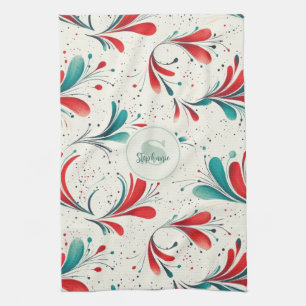Whimsical Blue and Red Paisley Leaf Pattern (2) Tea Towel