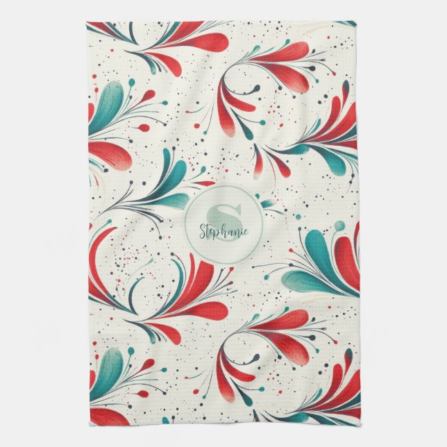 Whimsical Blue and Red Paisley Leaf Pattern (2) Tea Towel (Vertical)