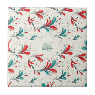 Whimsical Blue and Red Paisley Leaf Pattern (2) Tile