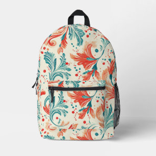 Whimsical Blue and Red Paisley Leaf Pattern Printed Backpack