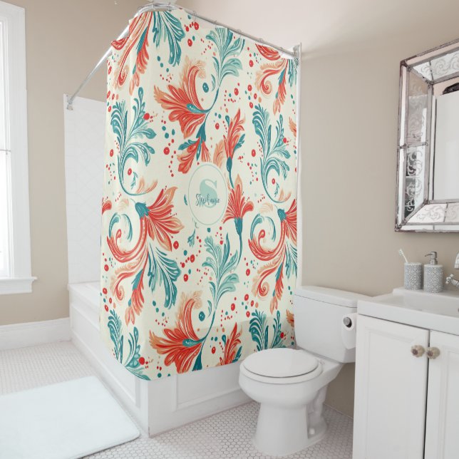 Whimsical Blue and Red Paisley Leaf Pattern Shower Curtain (In Situ)