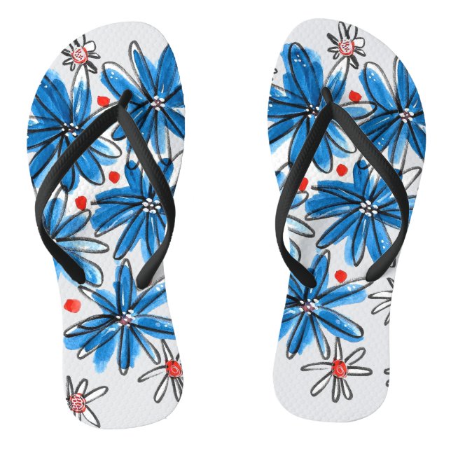 Whimsical Blue and White Flowers Flip Flops (Footbed)